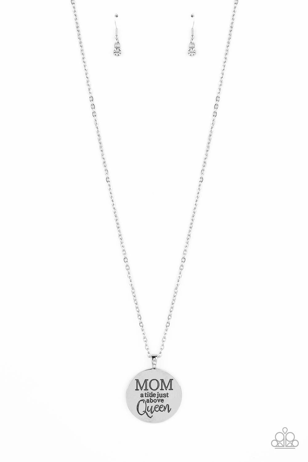 Mother Dear - White Rhinestone "Mom, a Title Just Above Queen" Silver Medium-Length Necklace