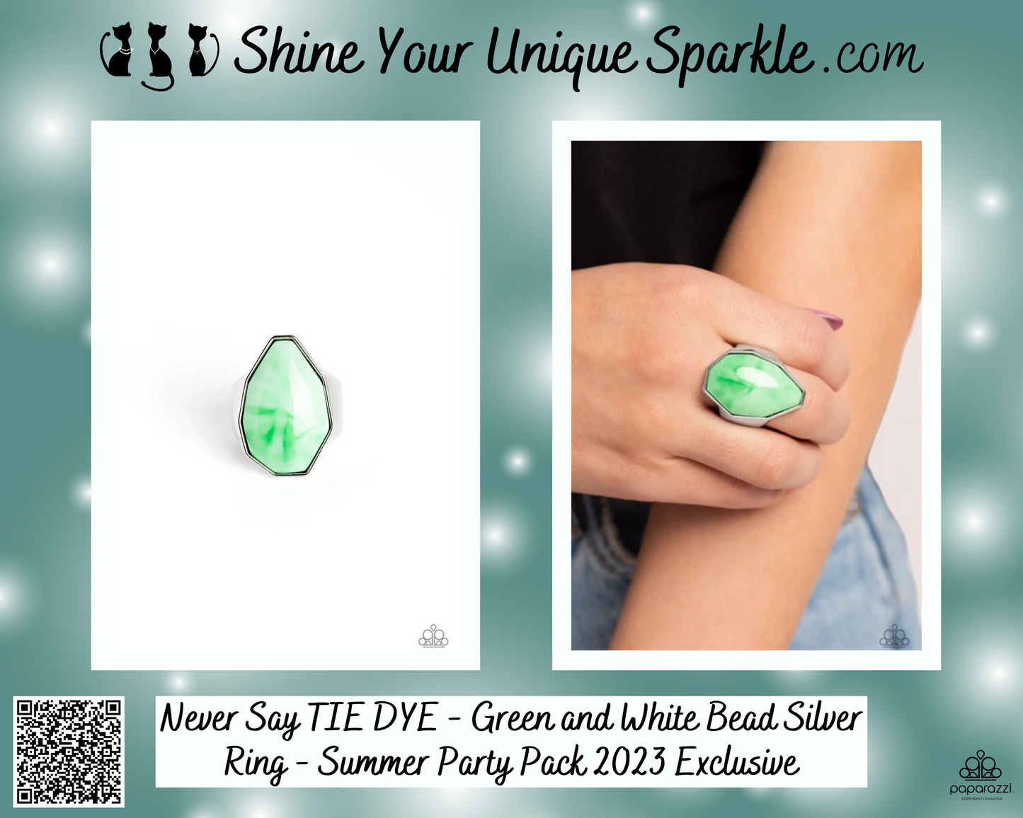 Never Say TIE DYE - Green and White Bead Silver Ring - Summer Party Pack 2023 Exclusive