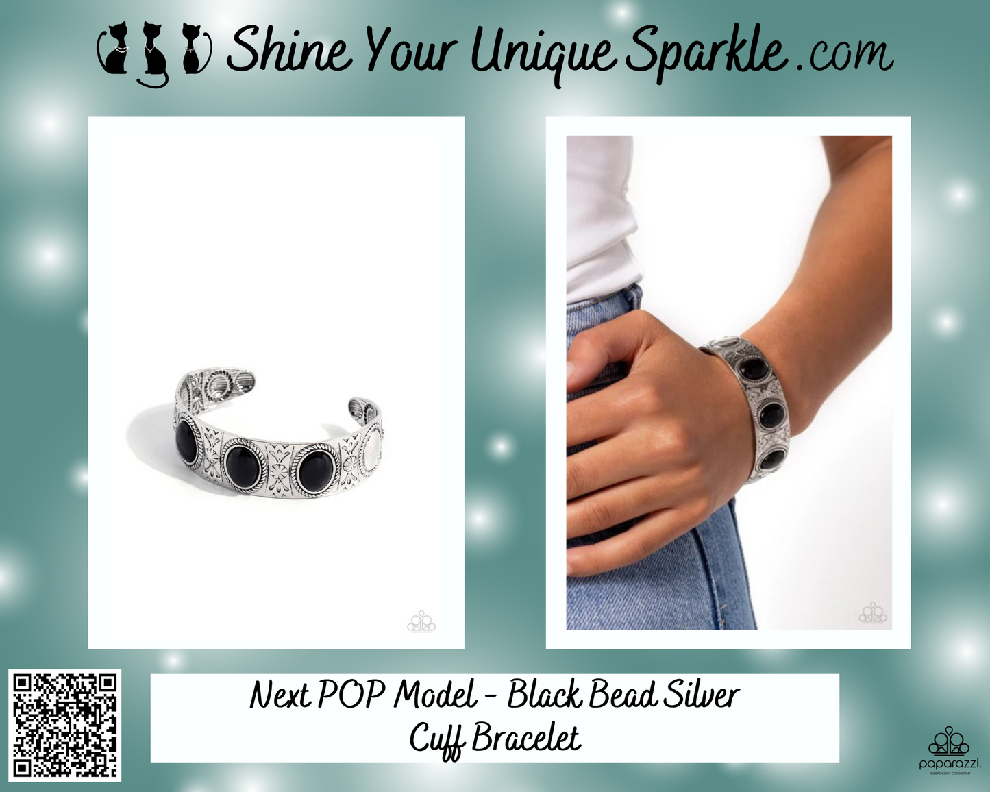 Next POP Model - Black Bead Silver Cuff Bracelet