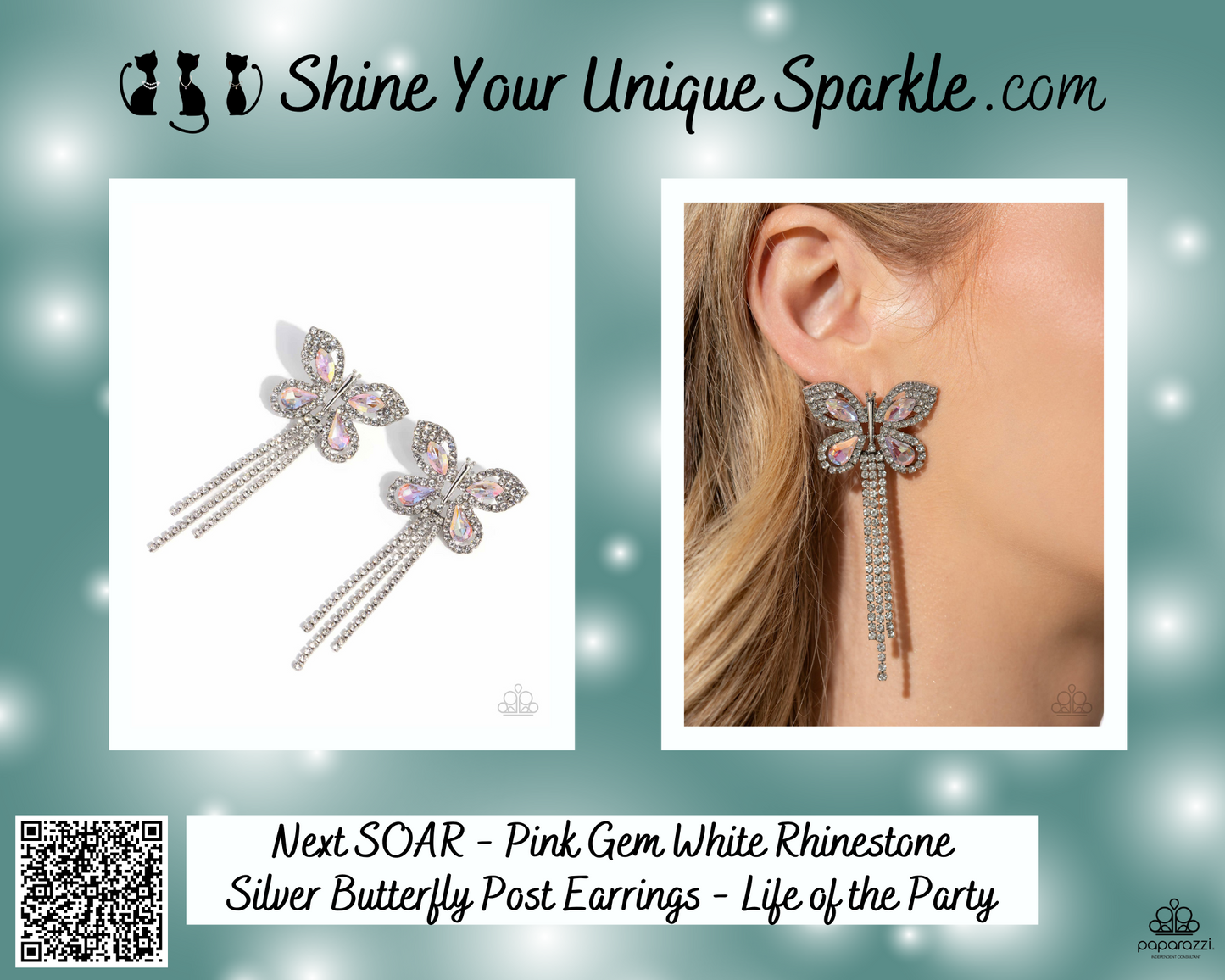 Next SOAR - Pink Gem White Rhinestone Silver Butterfly Post Earrings - Life of the Party