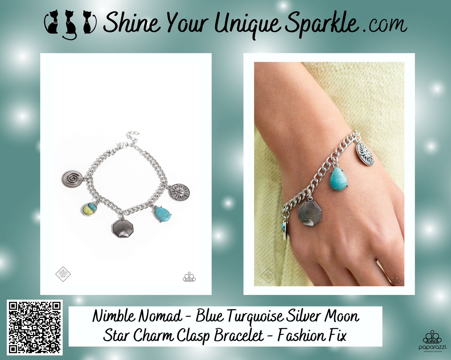 Nimble Nomad - Blue Turquoise Silver Moon Star Charm Clasp Bracelet - Fashion Fix