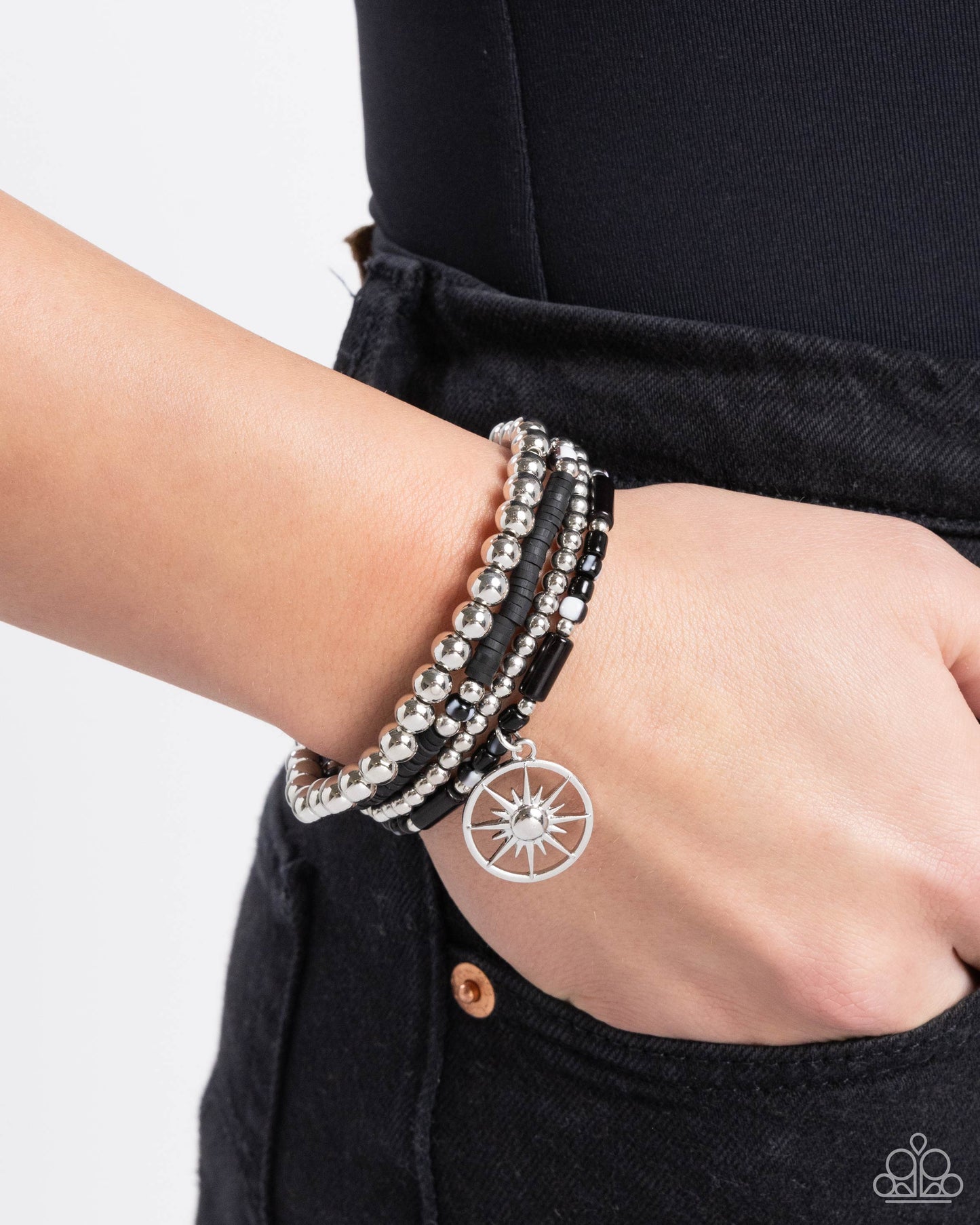 Nuanced Navigator - Black and Silver Bead Sunburst Stretchy Bracelet