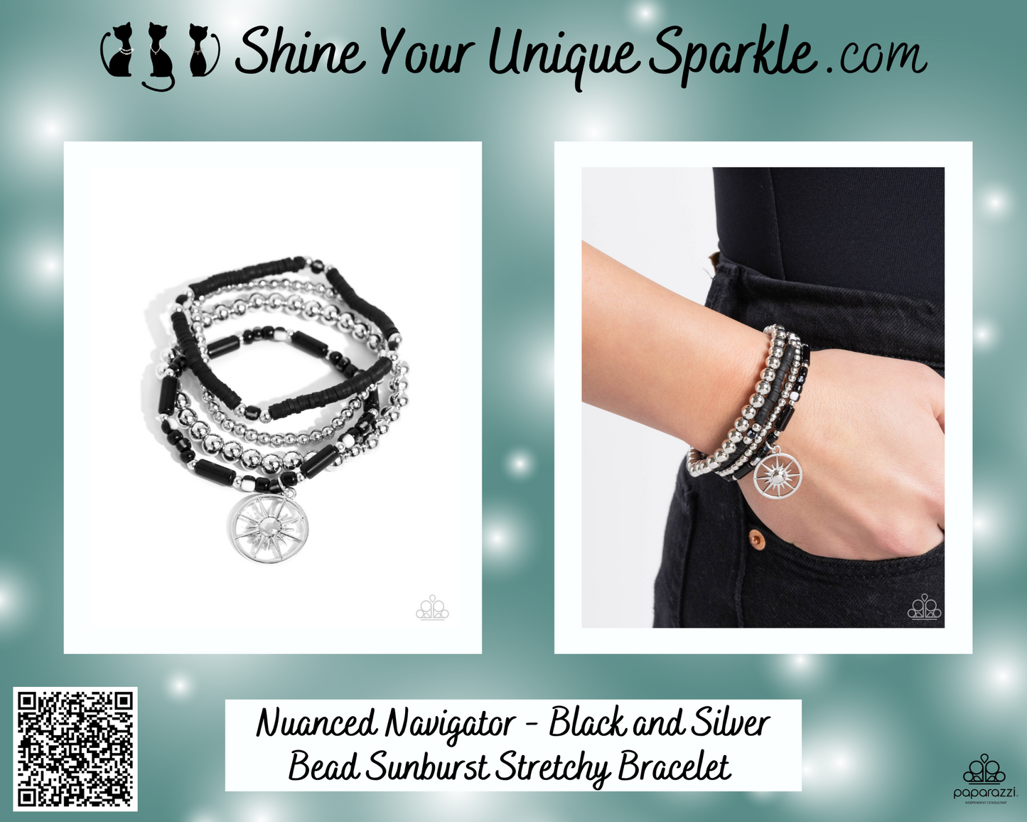 Nuanced Navigator - Black and Silver Bead Sunburst Stretchy Bracelet