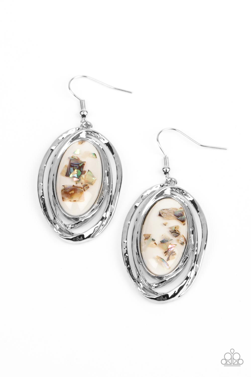 Ocean Floor Oracle - White Shell-like Iridescent Fleck Silver Fishhook Earrings