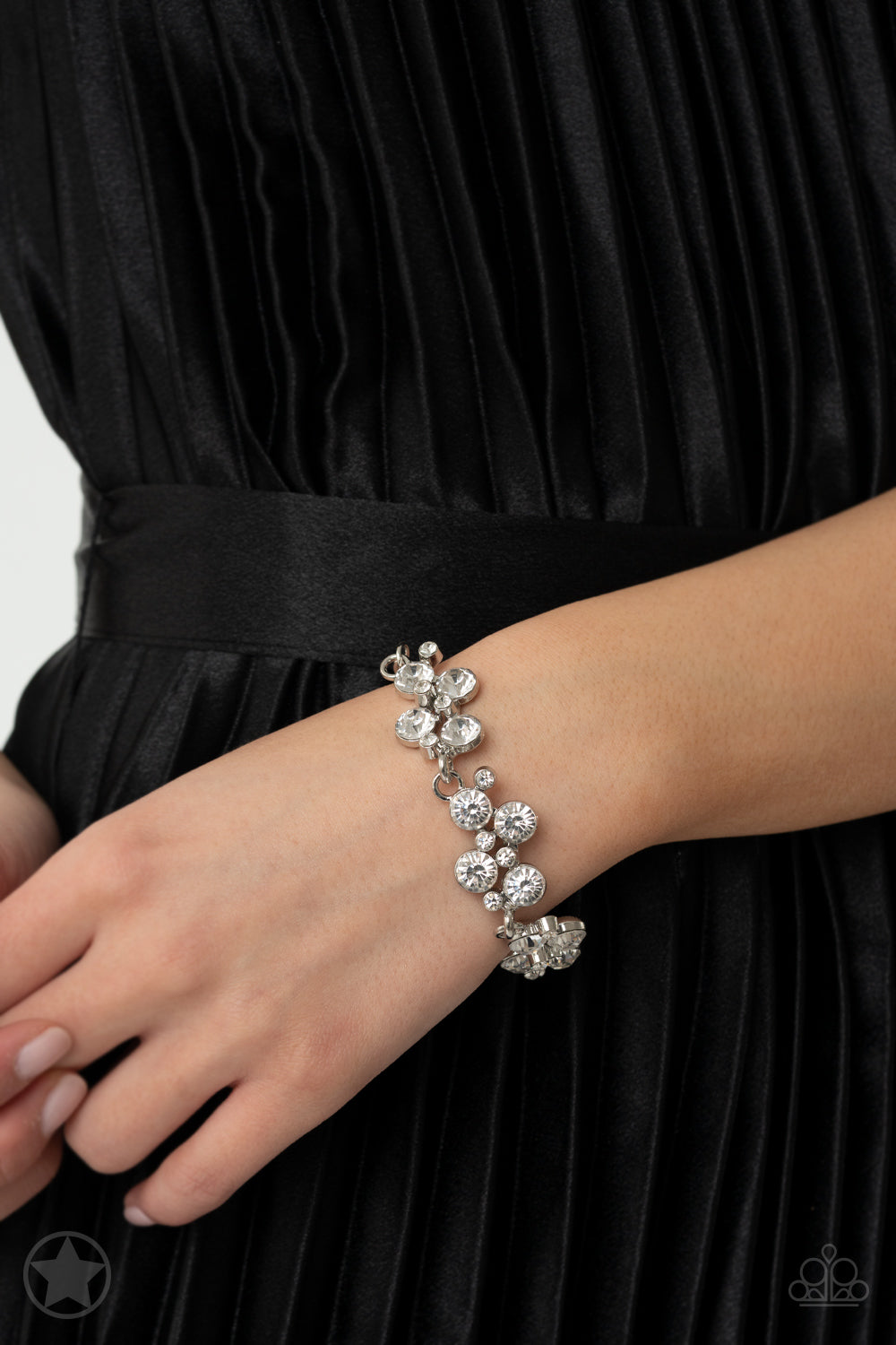 PERFECT MATCH / SET: Hollywood Hills - White Rhinestone Blockbuster Short Necklace AND Old Hollywood - White Rhinestone Silver Blockbuster Clasp Bracelet