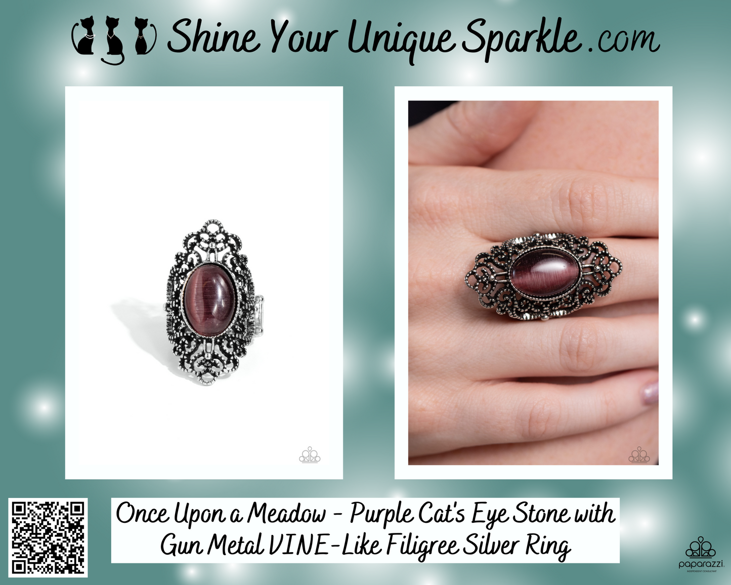 Once Upon a Meadow - Purple Cat's Eye Stone with Gun Metal VINE-Like Filigree Silver Ring
