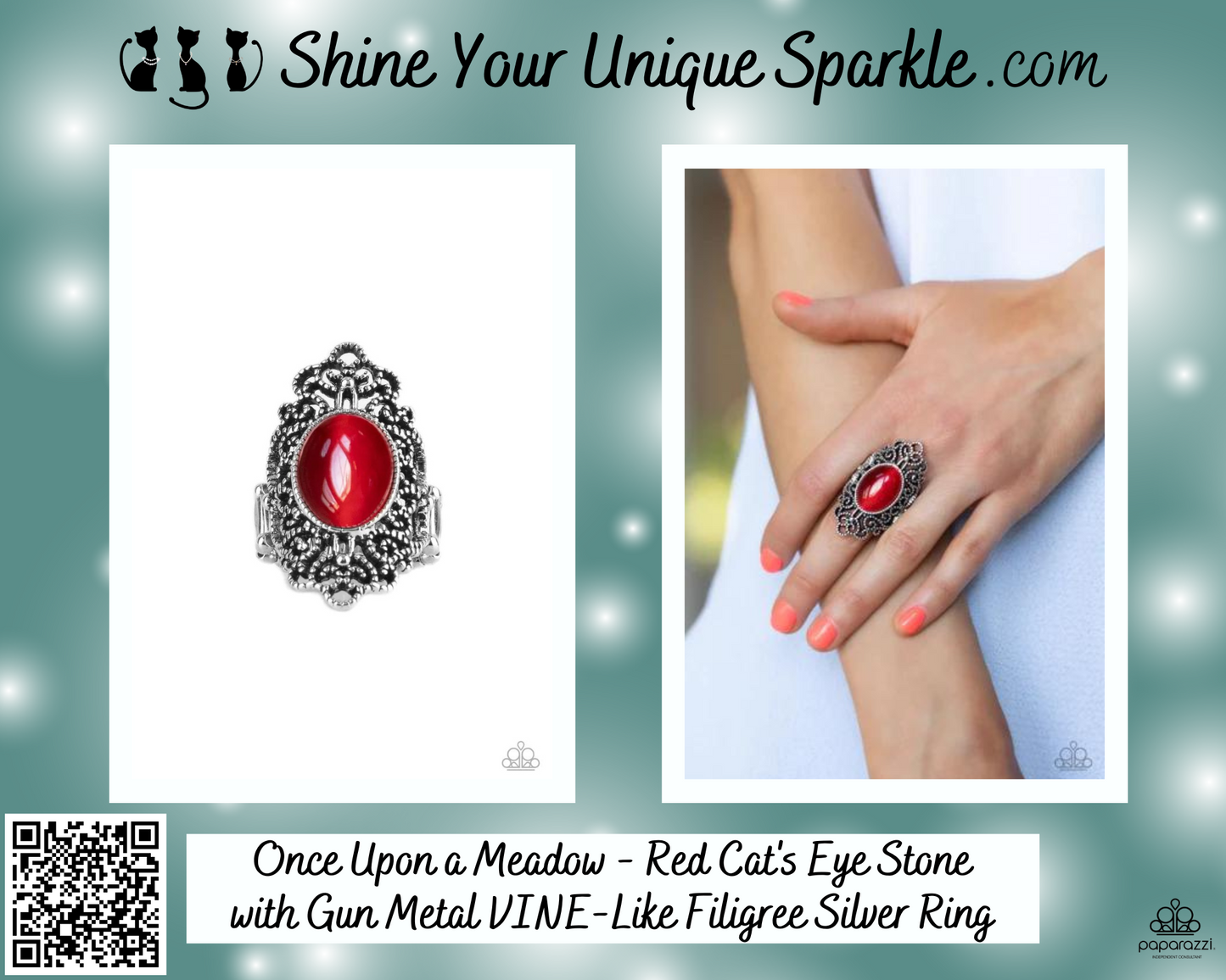 Once Upon a Meadow - Red Cat's Eye Stone with Gun Metal VINE-Like Filigree Silver Ring