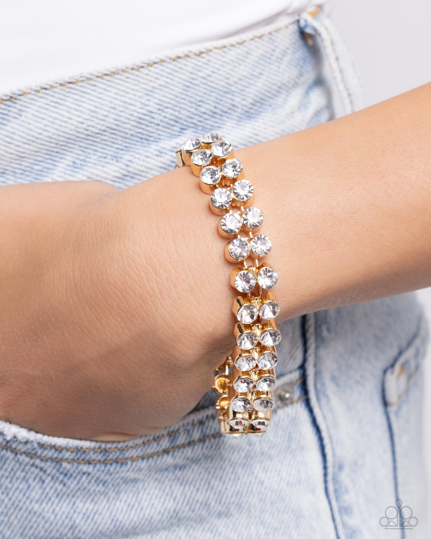 Once Upon A TIARA - Gold White Rhinestone Gem Clasp Bracelet