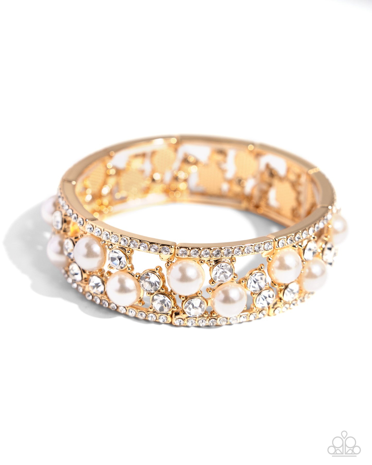 Opera Singer - Gold White Rhinestone Pearl Stretchy Bracelet