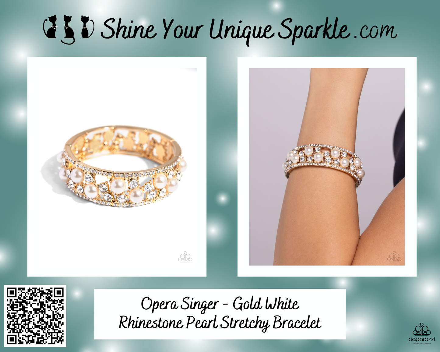 Opera Singer - Gold White Rhinestone Pearl Stretchy Bracelet