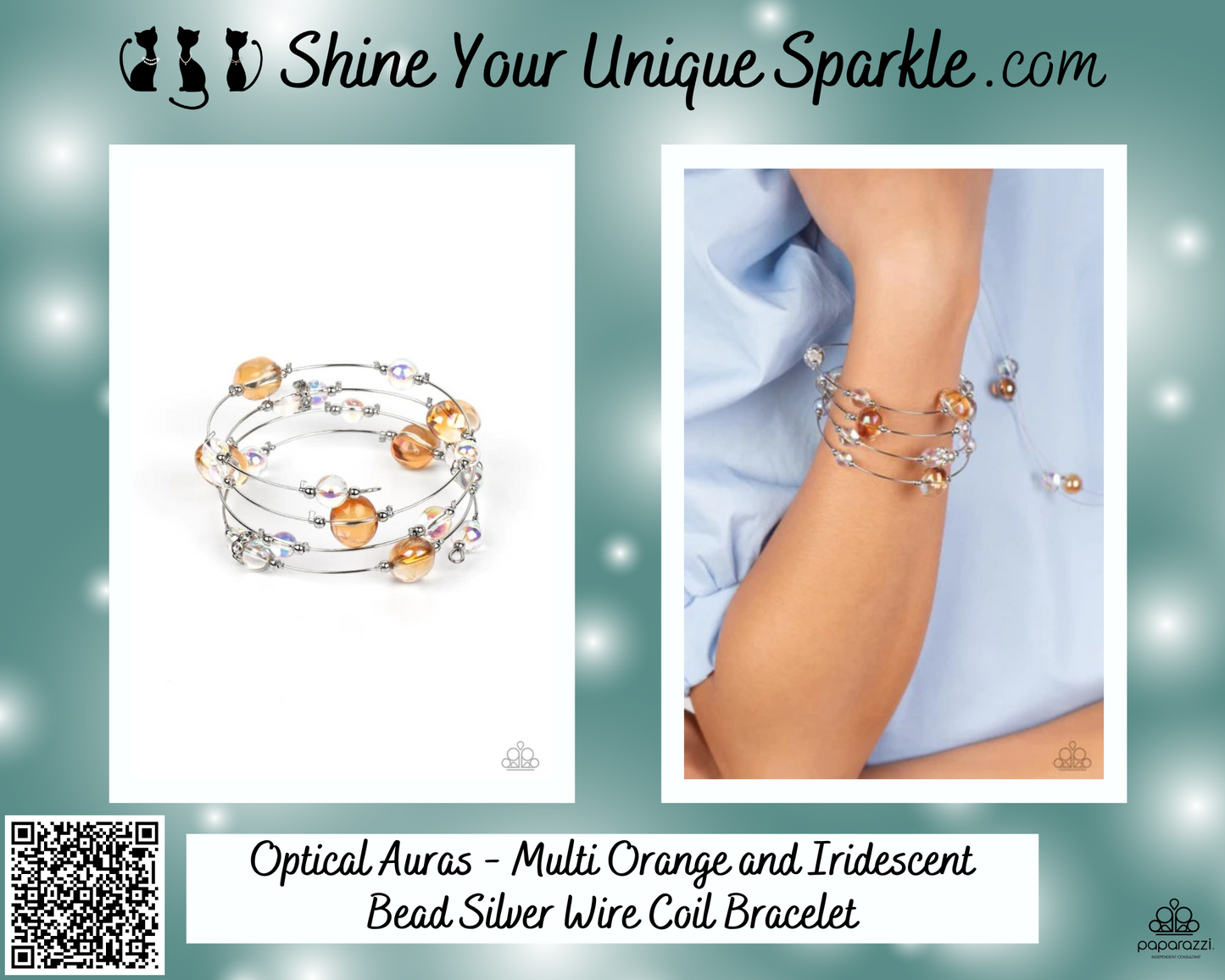 Optical Auras - Multi Orange and Iridescent Bead Silver Wire Coil Bracelet