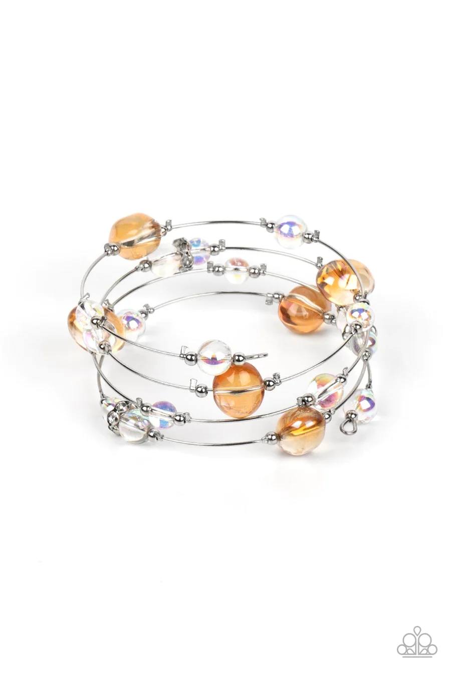 Optical Auras - Multi Orange and Iridescent Bead Silver Wire Coil Bracelet