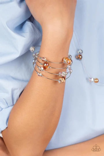 Optical Auras - Multi Orange and Iridescent Bead Silver Wire Coil Bracelet