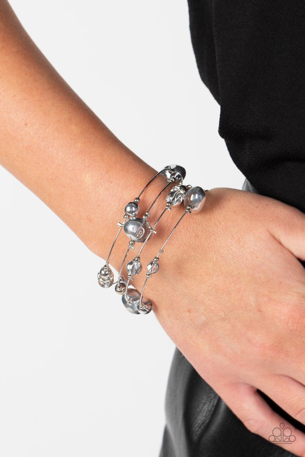 PERFECT MATCH / SET: Interstellar Illusions - Silver Bead Wire Layered Necklace AND Optical Auras - Silver Bead Wire Coil Bracelet