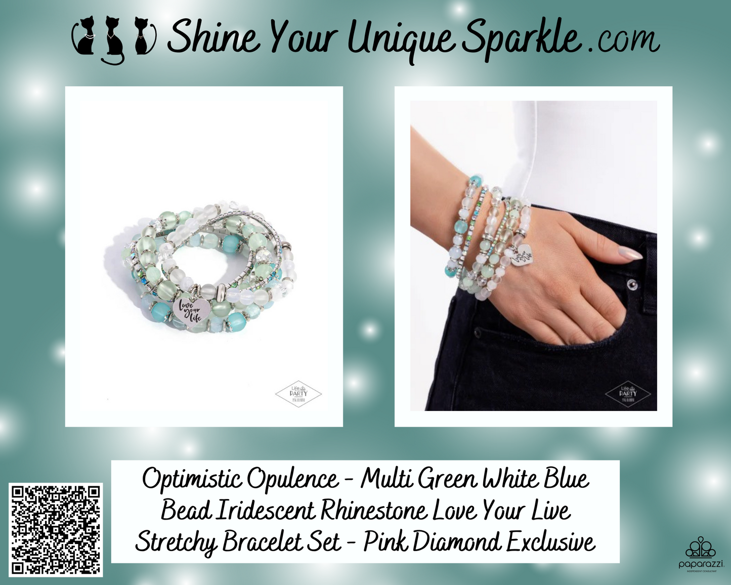 Optimistic Opulence - Multi Green White Blue Bead Iridescent Rhinestone Love Your Live Stretchy Bracelet Set - Pink Diamond Exclusive