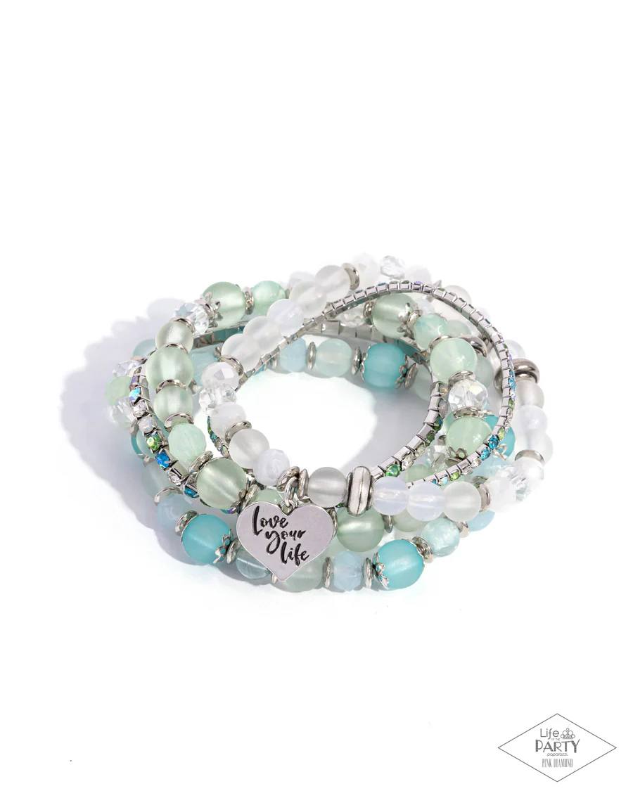 Optimistic Opulence - Multi Green White Blue Bead Iridescent Rhinestone Love Your Live Stretchy Bracelet Set - Pink Diamond Exclusive