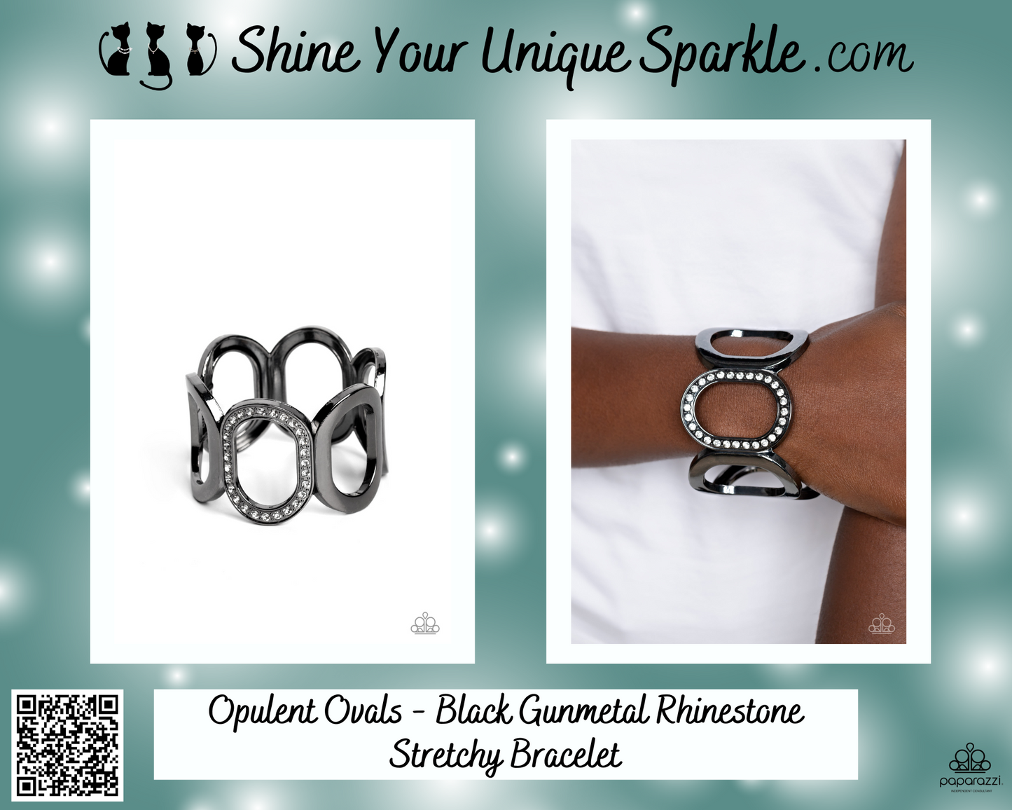 Opulent Ovals - Black Gunmetal Rhinestone Stretchy Bracelet