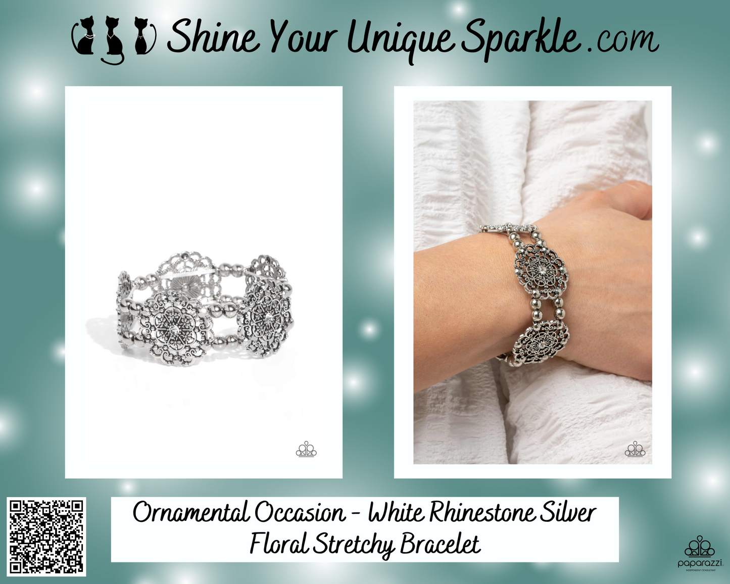 Ornamental Occasion - White Rhinestone Silver Floral Stretchy Bracelet