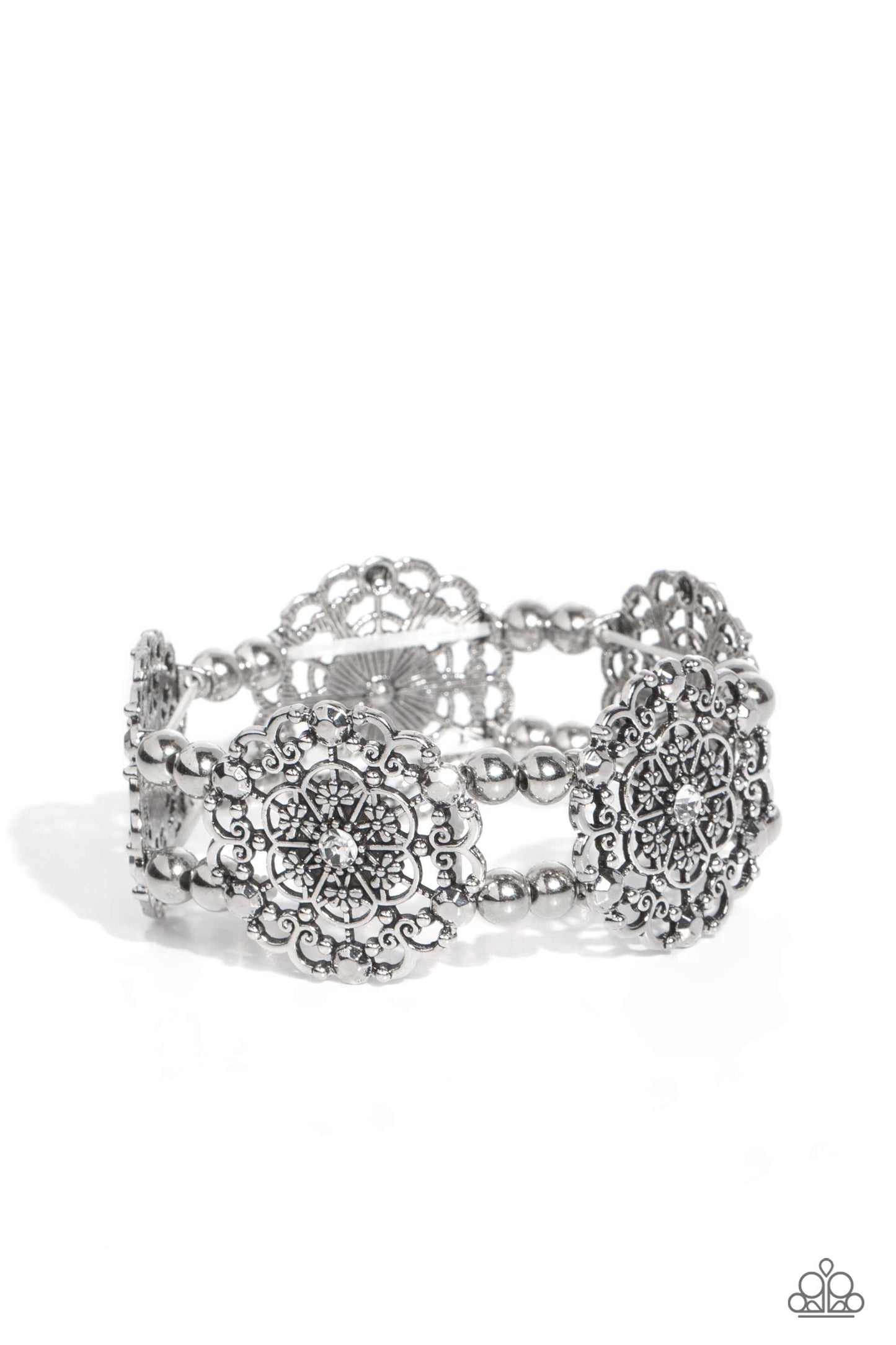 Ornamental Occasion - White Rhinestone Silver Floral Stretchy Bracelet