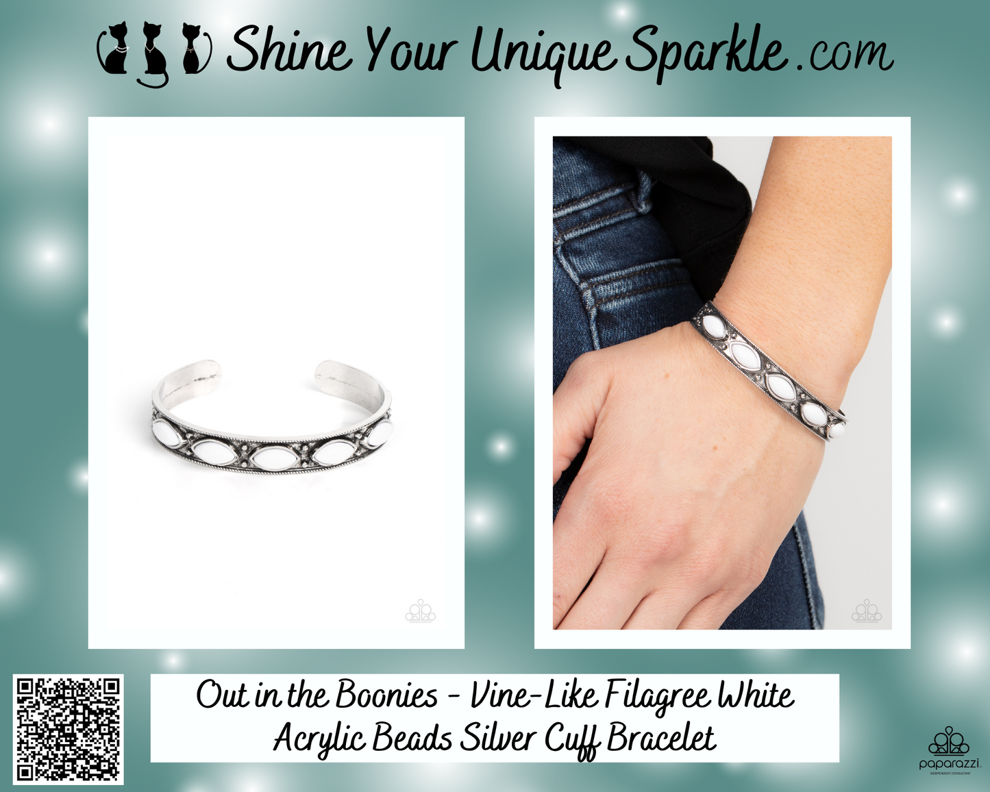 Out in the Boonies - Vine-Like Filagree White Acrylic Beads Silver Cuff Bracelet