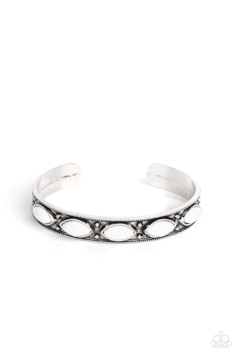 Out in the Boonies - Vine-Like Filagree White Acrylic Beads Silver Cuff Bracelet