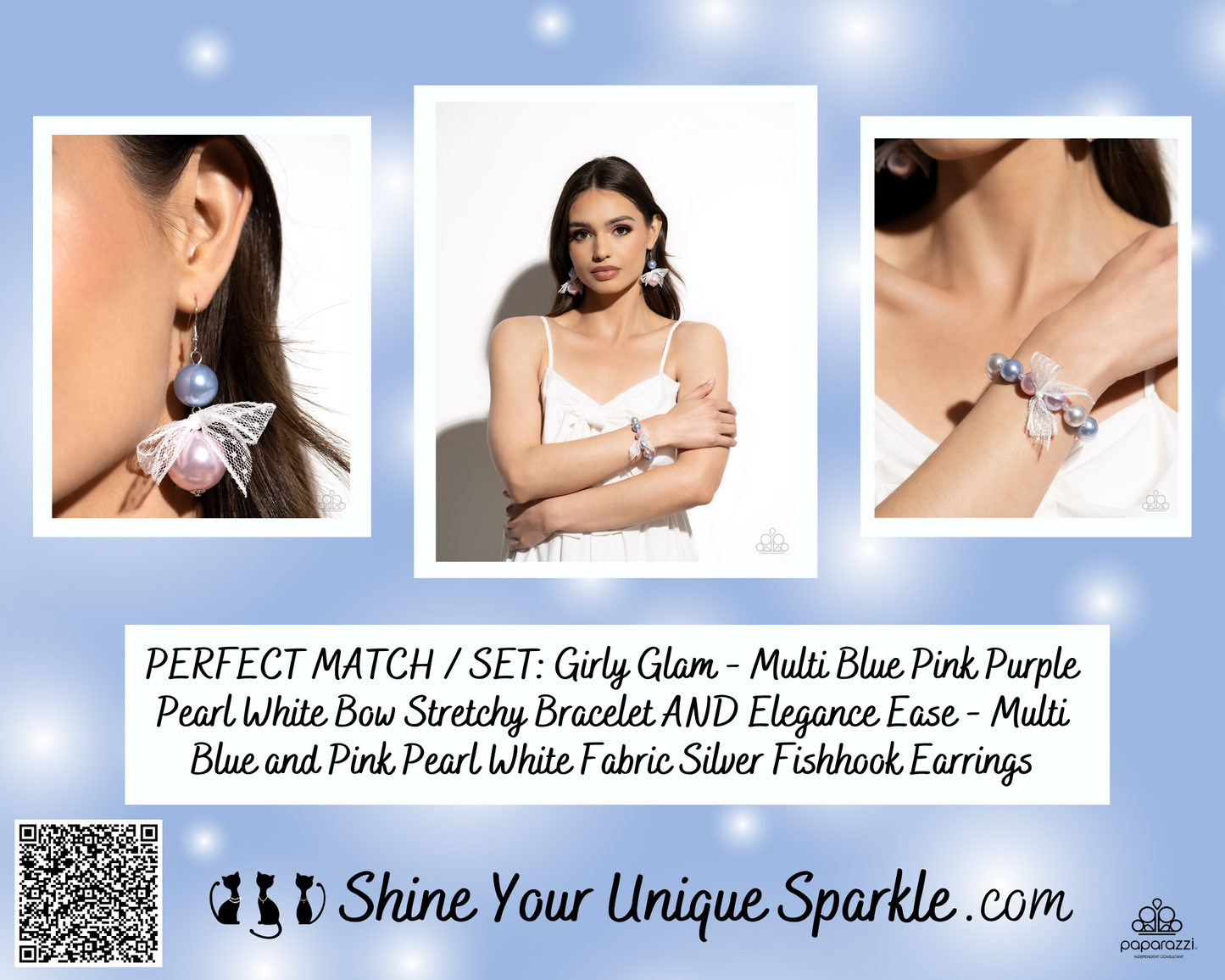 Girly Glam - Multi Blue Pink Purple Pearl White Bow Stretchy Bracelet