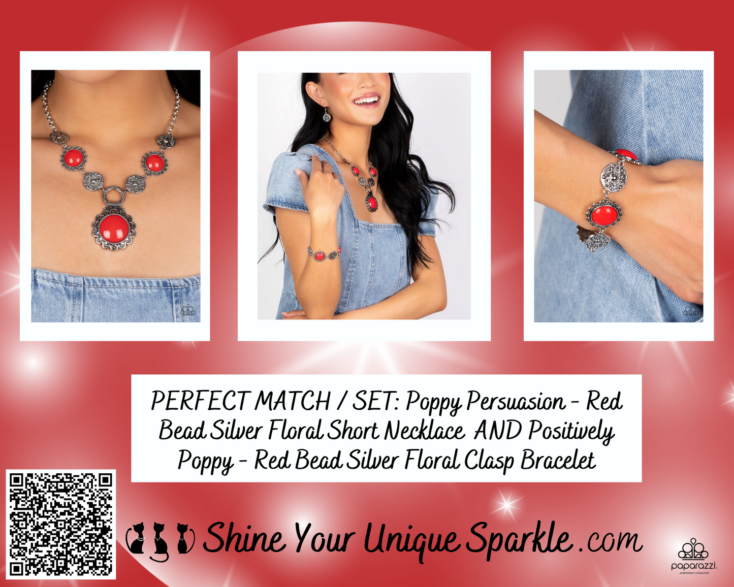 PERFECT MATCH / SET: Poppy Persuasion - Red Bead Silver Floral Short Necklace AND Positively Poppy - Red Bead Silver Floral Clasp Bracelet