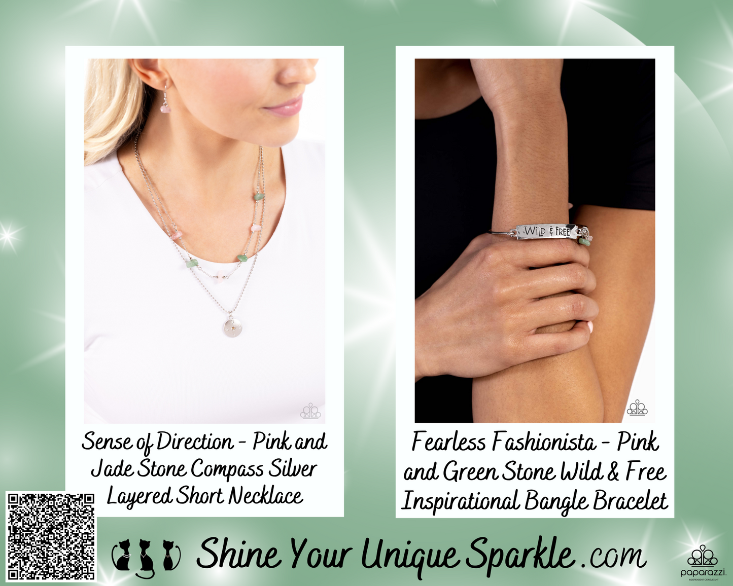 Sense of Direction - Pink and Jade Stone Compass Silver Layered Short Necklace