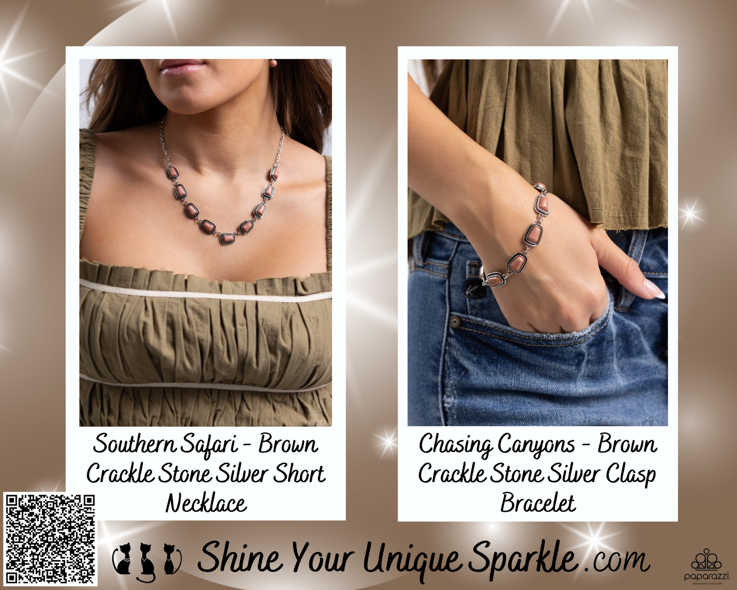 PERFECT MATCH / SET: Southern Safari - Brown Crackle Stone Silver Short Necklace AND Chasing Canyons - Brown Crackle Stone Silver Clasp Bracelet