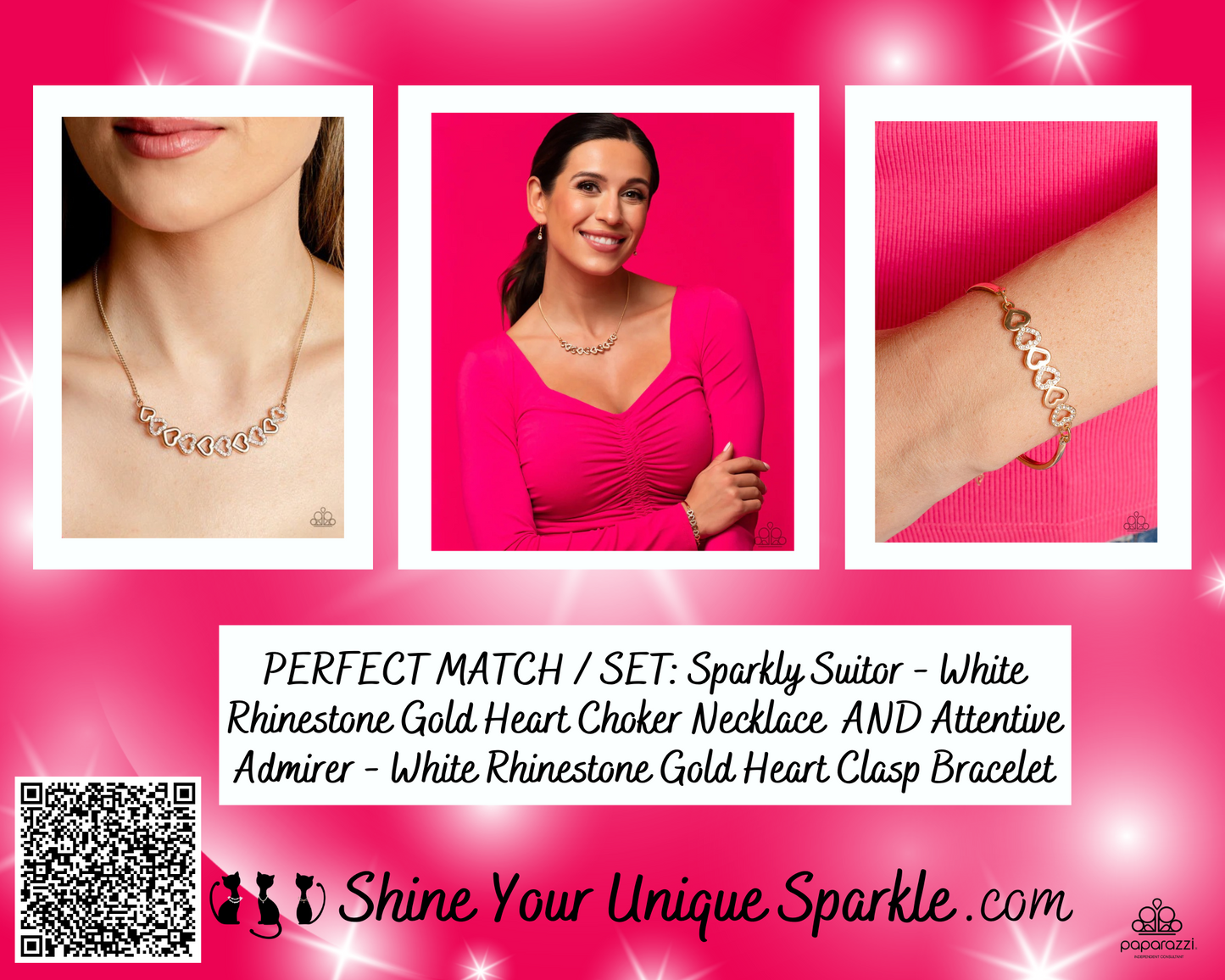 PERFECT MATCH / SET: Sparkly Suitor - White Rhinestone Gold Heart Choker Necklace AND Attentive Admirer - White Rhinestone Gold Heart Clasp Bracelet