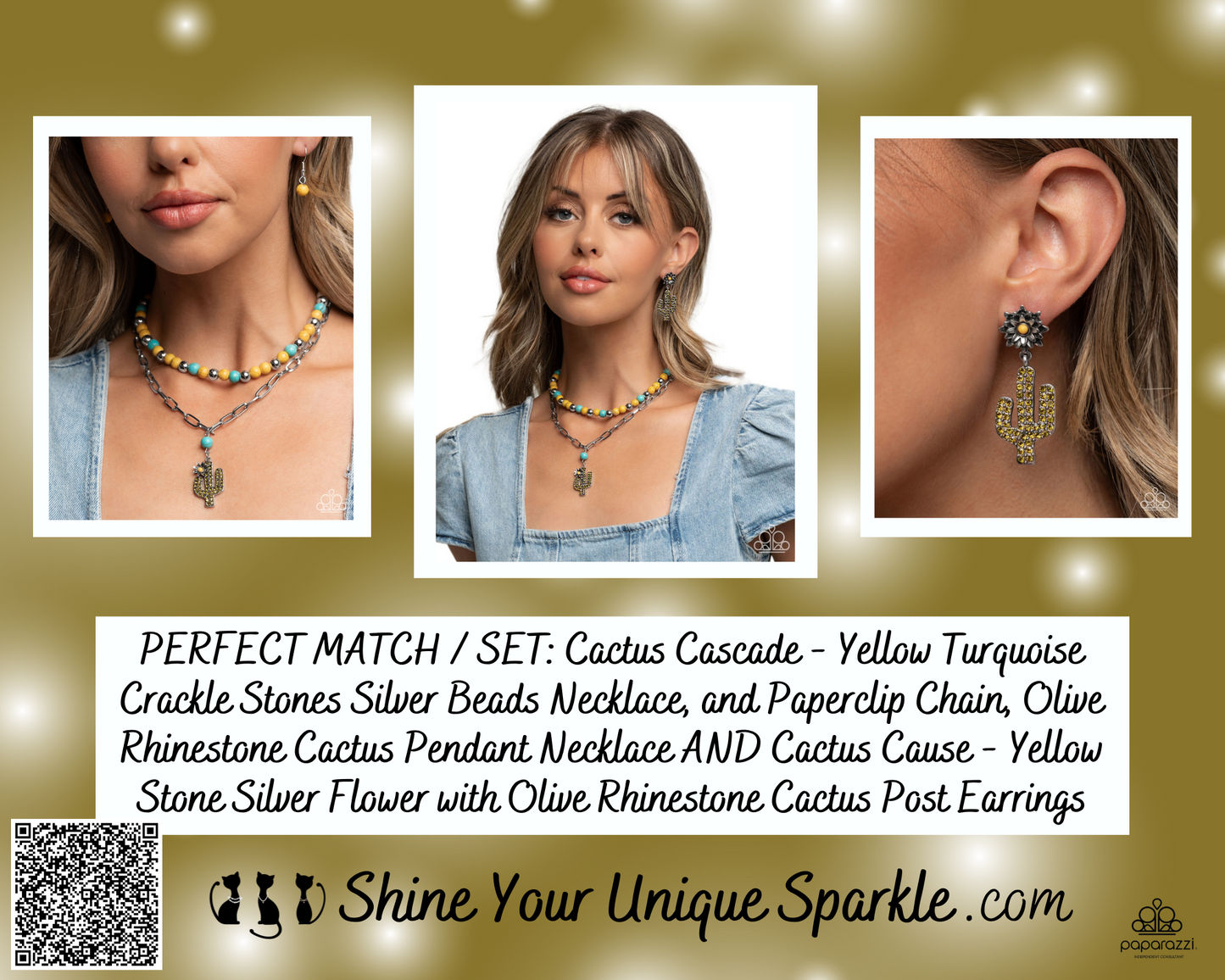 PERFECT MATCH / SET: Cactus Cascade - Yellow Turquoise Crackle Stones Silver Beads Necklace, and Paperclip Chain, Olive Rhinestone Cactus Pendant Necklace AND Cactus Cause - Yellow Stone Silver Flower with Olive Rhinestone Cactus Post Earrings