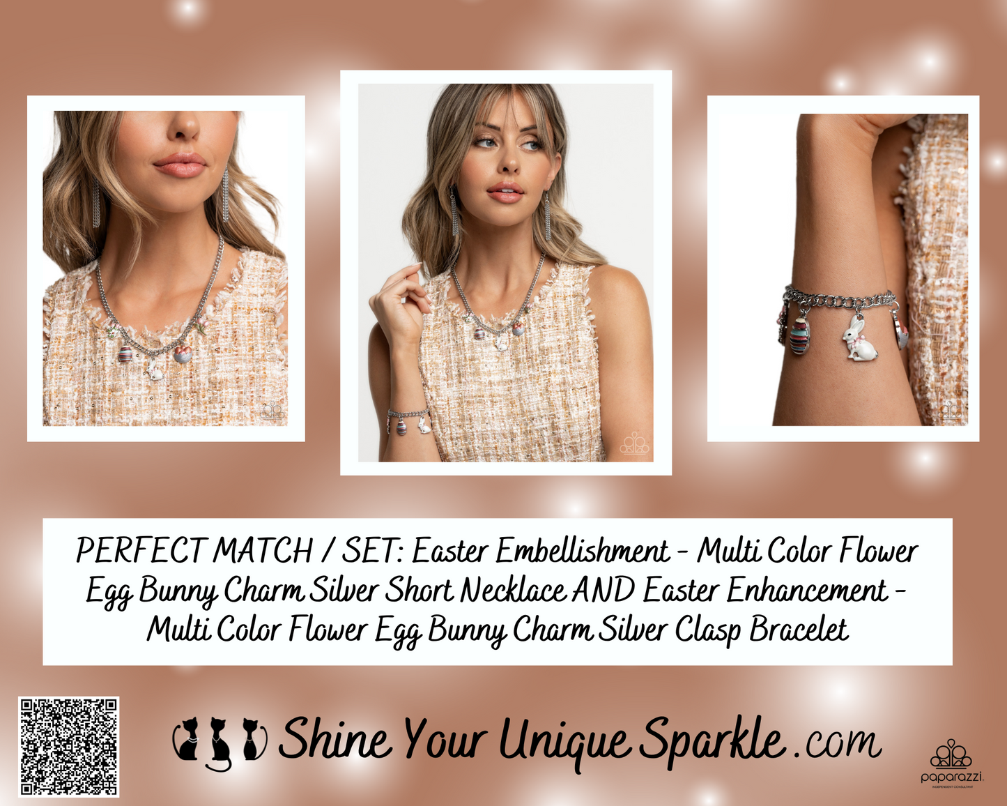 Easter Enhancement - Multi Color Flower Egg Bunny Charm Silver Clasp Bracelet