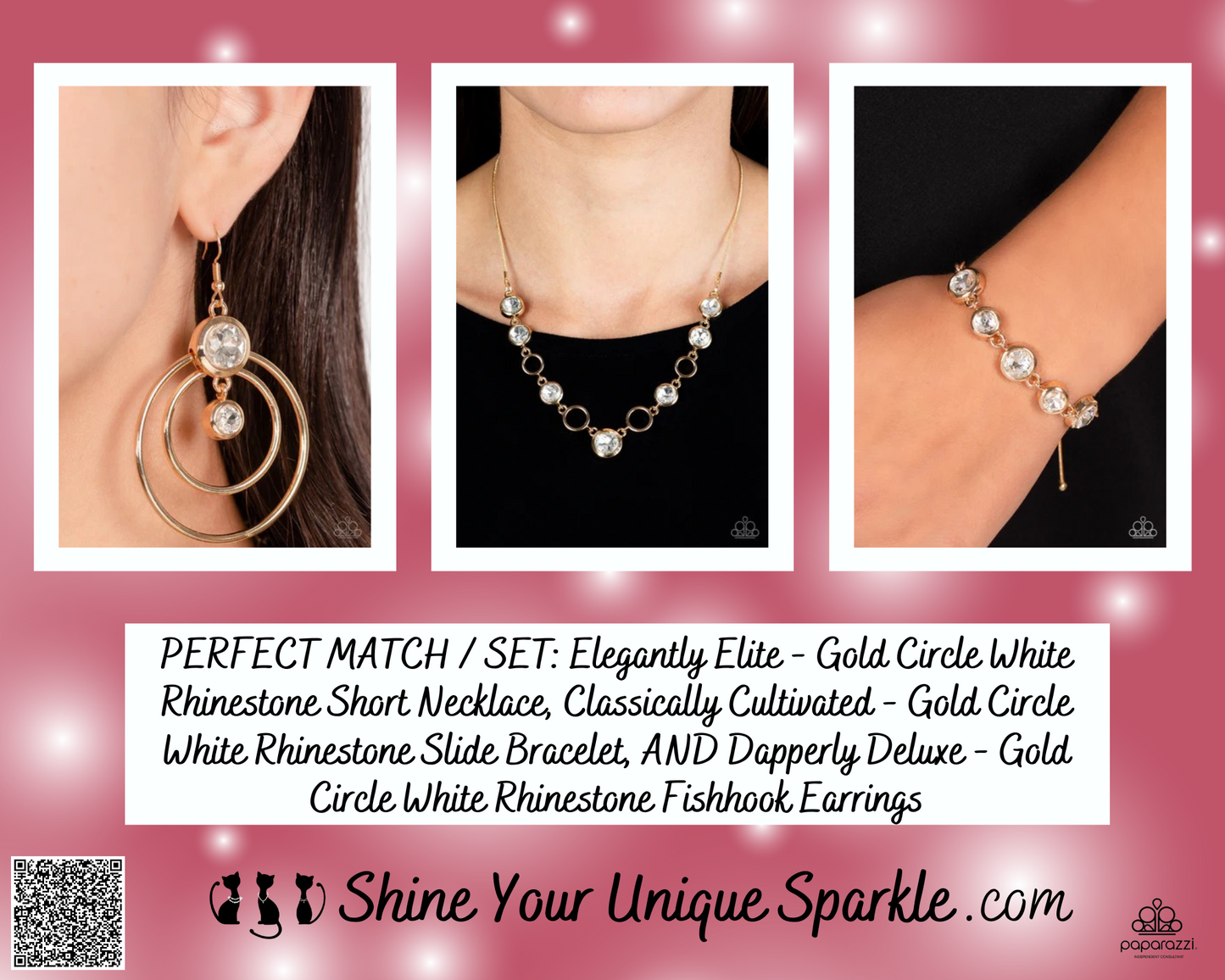 PERFECT MATCH / SET: Elegantly Elite - Gold Circle White Rhinestone Short Necklace, Classically Cultivated - Gold Circle White Rhinestone Slide Bracelet, AND Dapperly Deluxe - Gold Circle White Rhinestone Fishhook Earrings