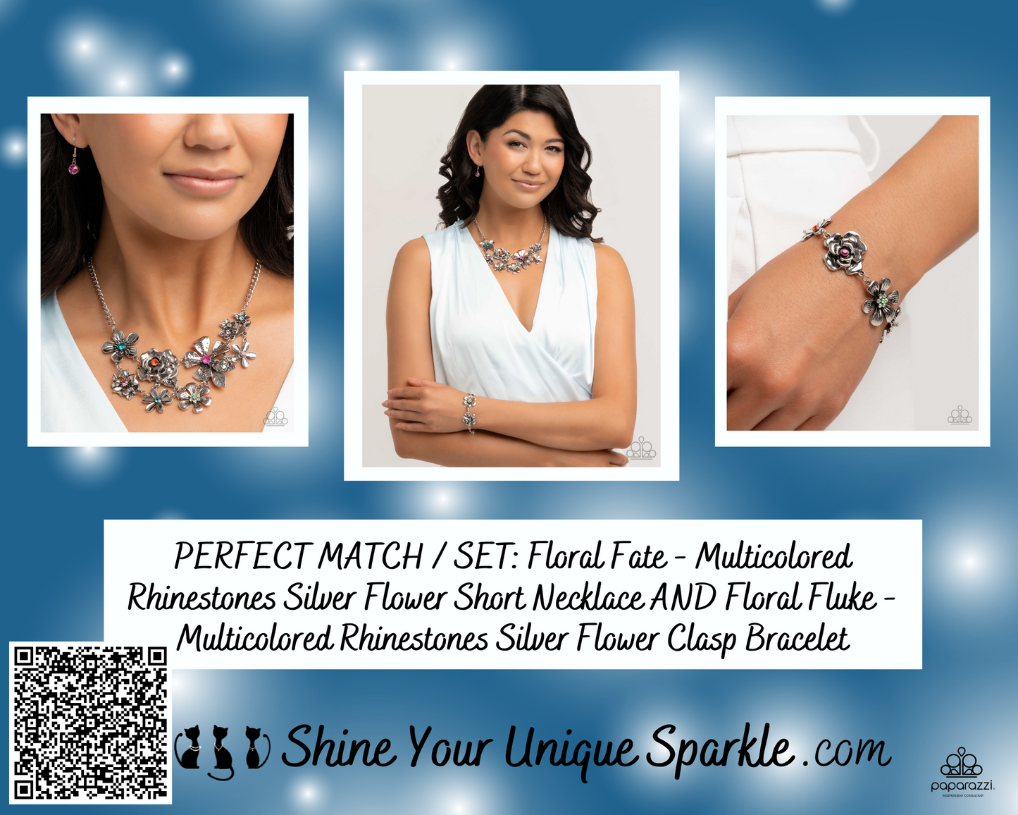 Floral Fate - Multicolored Rhinestones Silver Flower Short Necklace