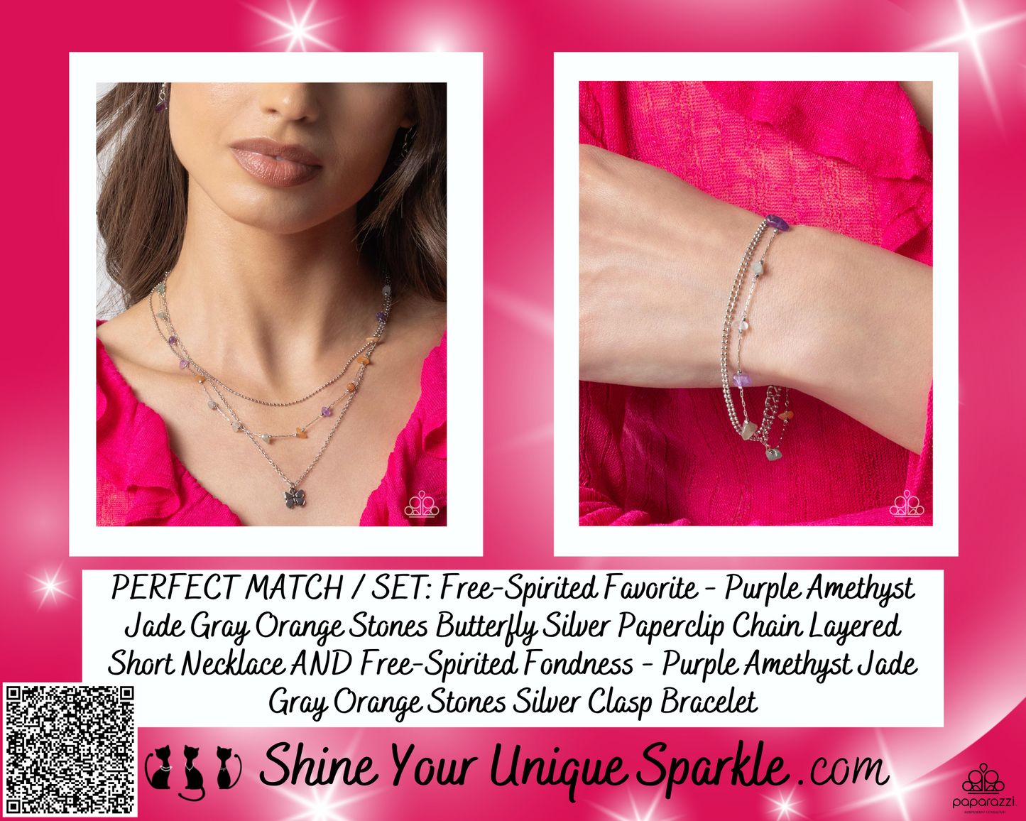 PERFECT MATCH / SET: Free-Spirited Favorite - Purple Amethyst Jade Gray Orange Stones Butterfly Silver Paperclip Chain Layered Short Necklace AND Free-Spirited Fondness - Purple Amethyst Jade Gray Orange Stones Silver Clasp Bracelet