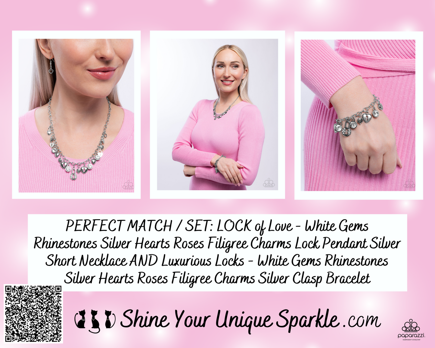 LOCK of Love - White Gems Rhinestones Silver Hearts Roses Filigree Charms Lock Pendant Silver Short Necklace