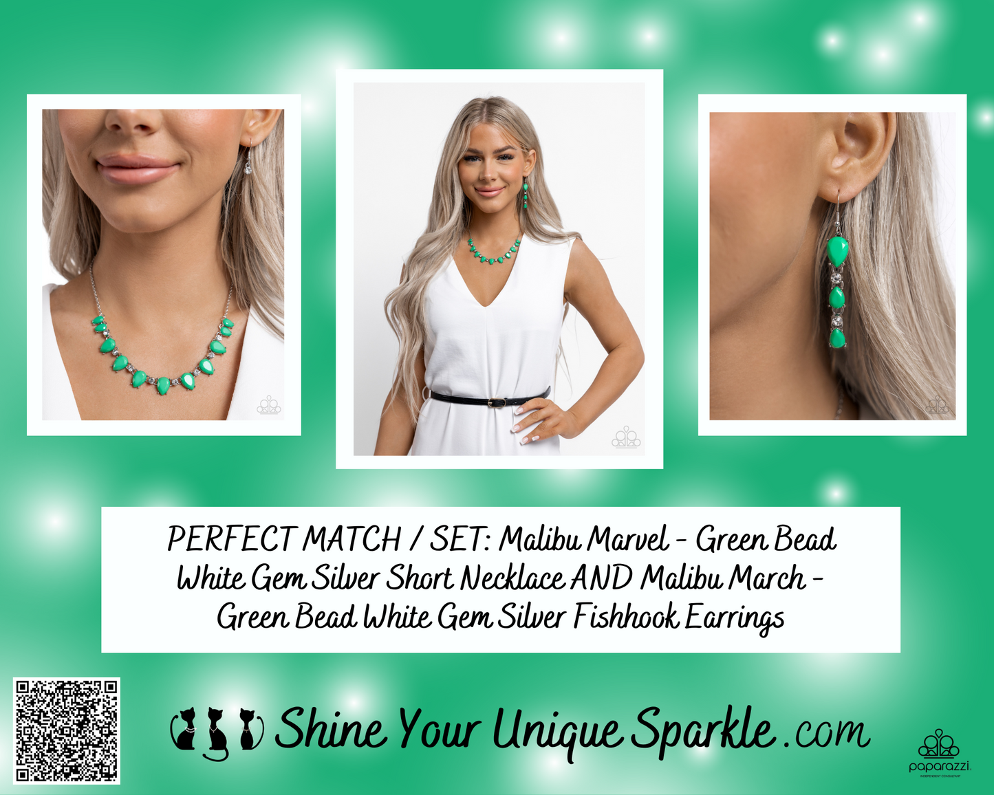 Malibu Marvel - Green Bead White Gem Silver Short Necklace