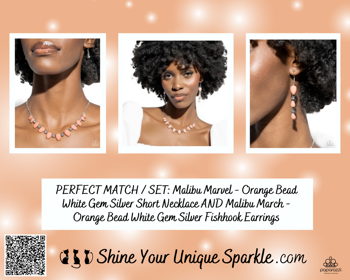 Malibu Marvel - Orange Bead White Gem Silver Short Necklace