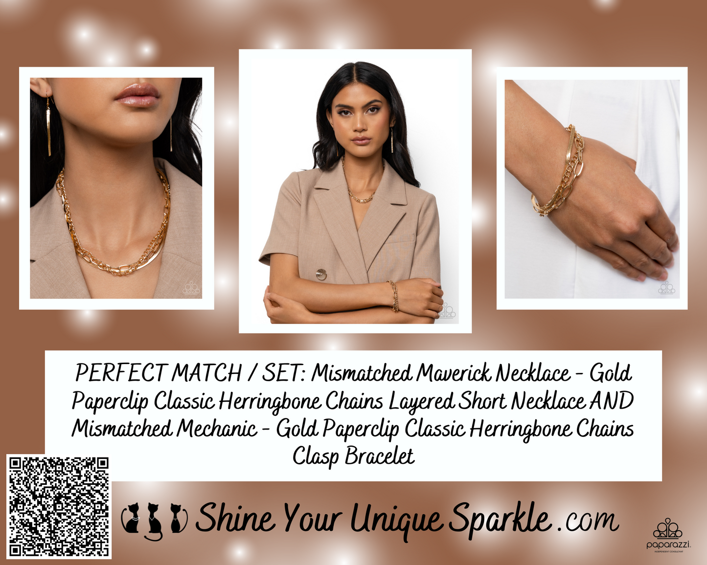 PERFECT MATCH / SET: Mismatched Maverick Necklace - Gold Paperclip Classic Herringbone Chains Layered Short Necklace AND Mismatched Mechanic - Gold Paperclip Classic Herringbone Chains Clasp Bracelet