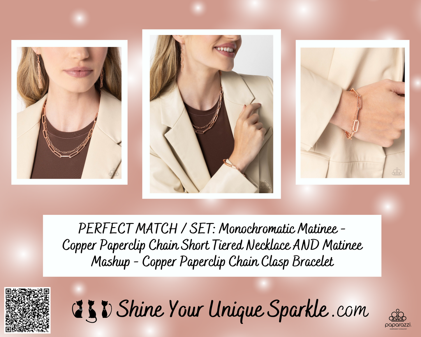 PERFECT MATCH / SET: Monochromatic Matinee - Copper Paperclip Chain Short Tiered Necklace AND Matinee Mashup - Copper Paperclip Chain Clasp Bracelet