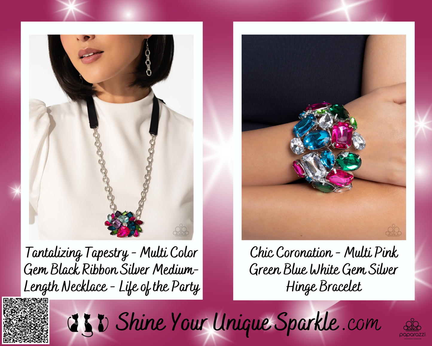 PERFECT MATCH / SET: Tantalizing Tapestry - Multi Color Gem Black Ribbon Silver Medium-Length Necklace - Life of the Party AND Chic Coronation - Multi Pink Green Blue White Gem Silver Hinge Bracelet