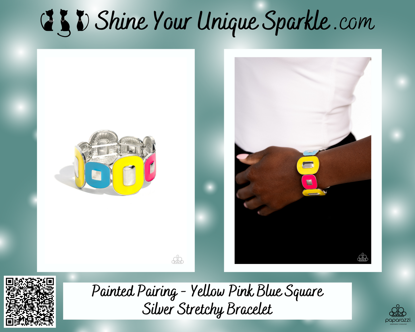 Painted Pairing - Yellow Pink Blue Square Silver Stretchy Bracelet