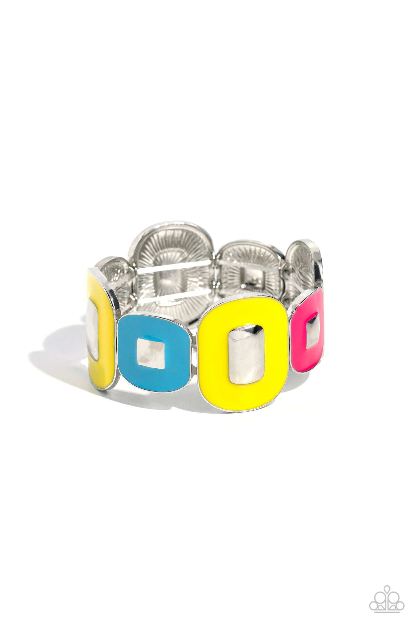 Painted Pairing - Yellow Pink Blue Square Silver Stretchy Bracelet