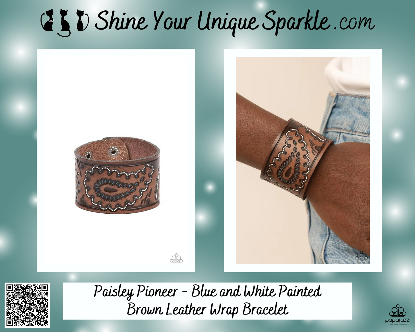 Paisley Pioneer - Blue and White Painted Brown Leather Wrap Bracelet
