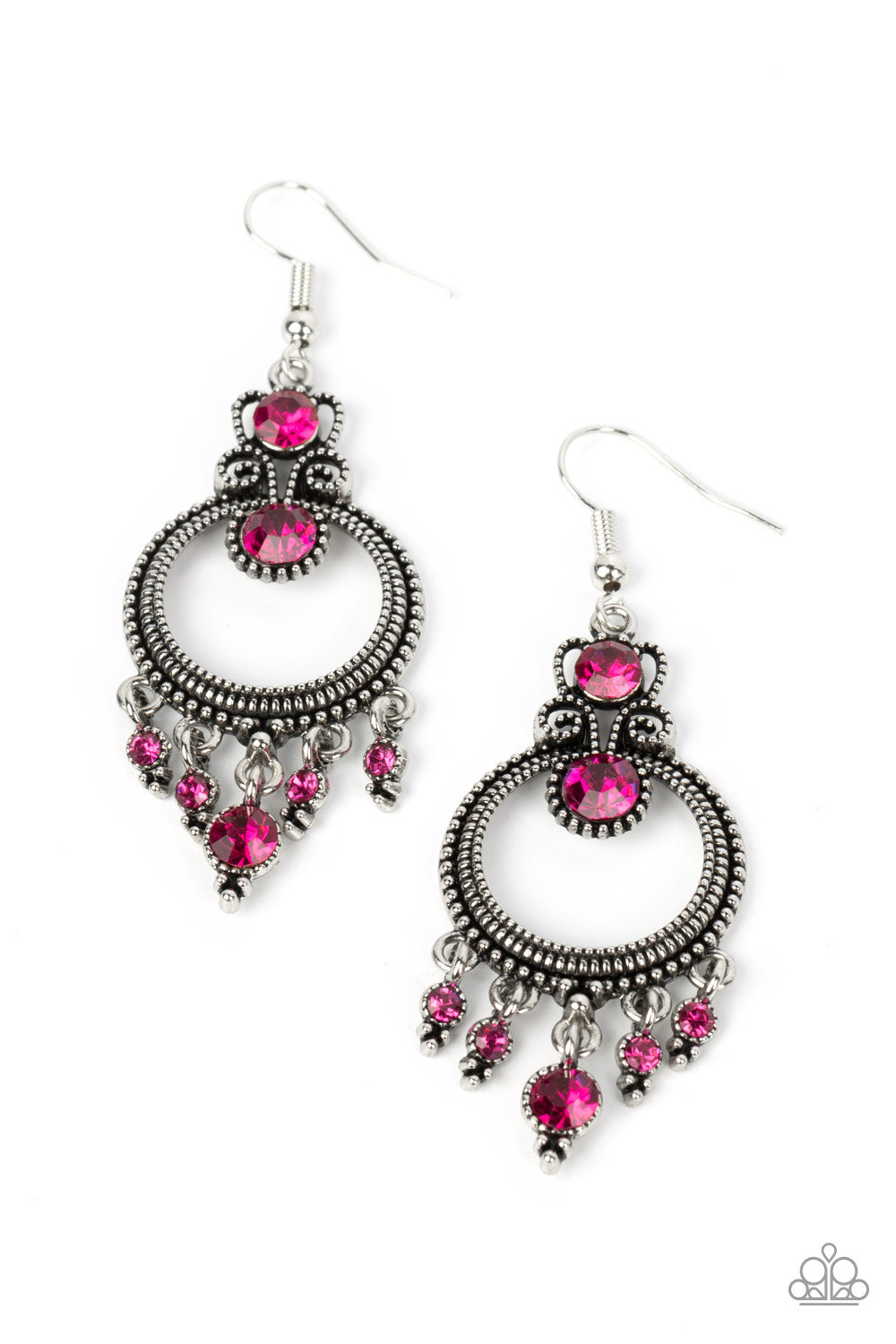 Palace Politics - Pink Rhinestone Silver Fishhook Earrings