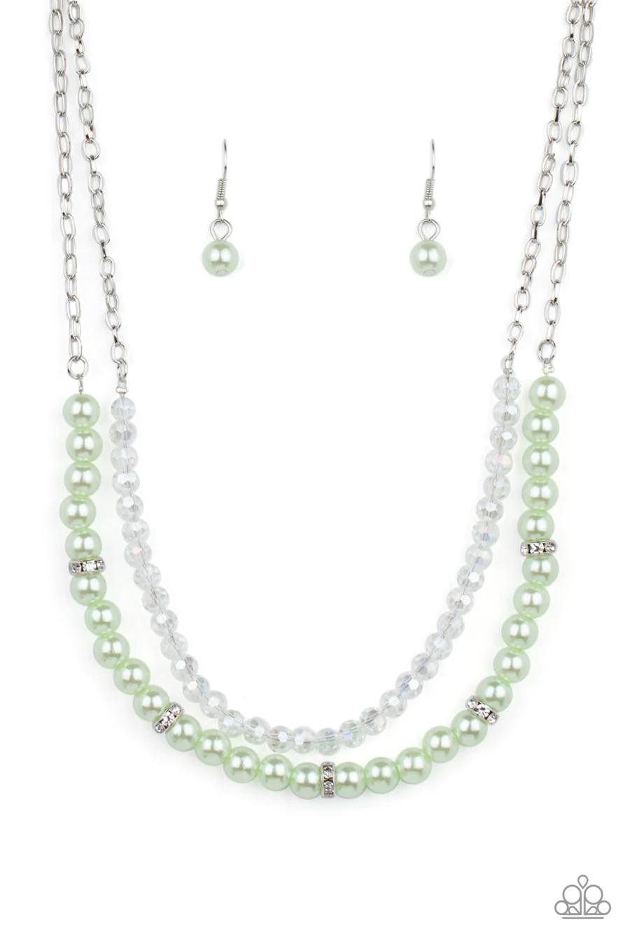 Parisian Princess - Green Pearl White Crystal Bead Layered Short Silver Necklace