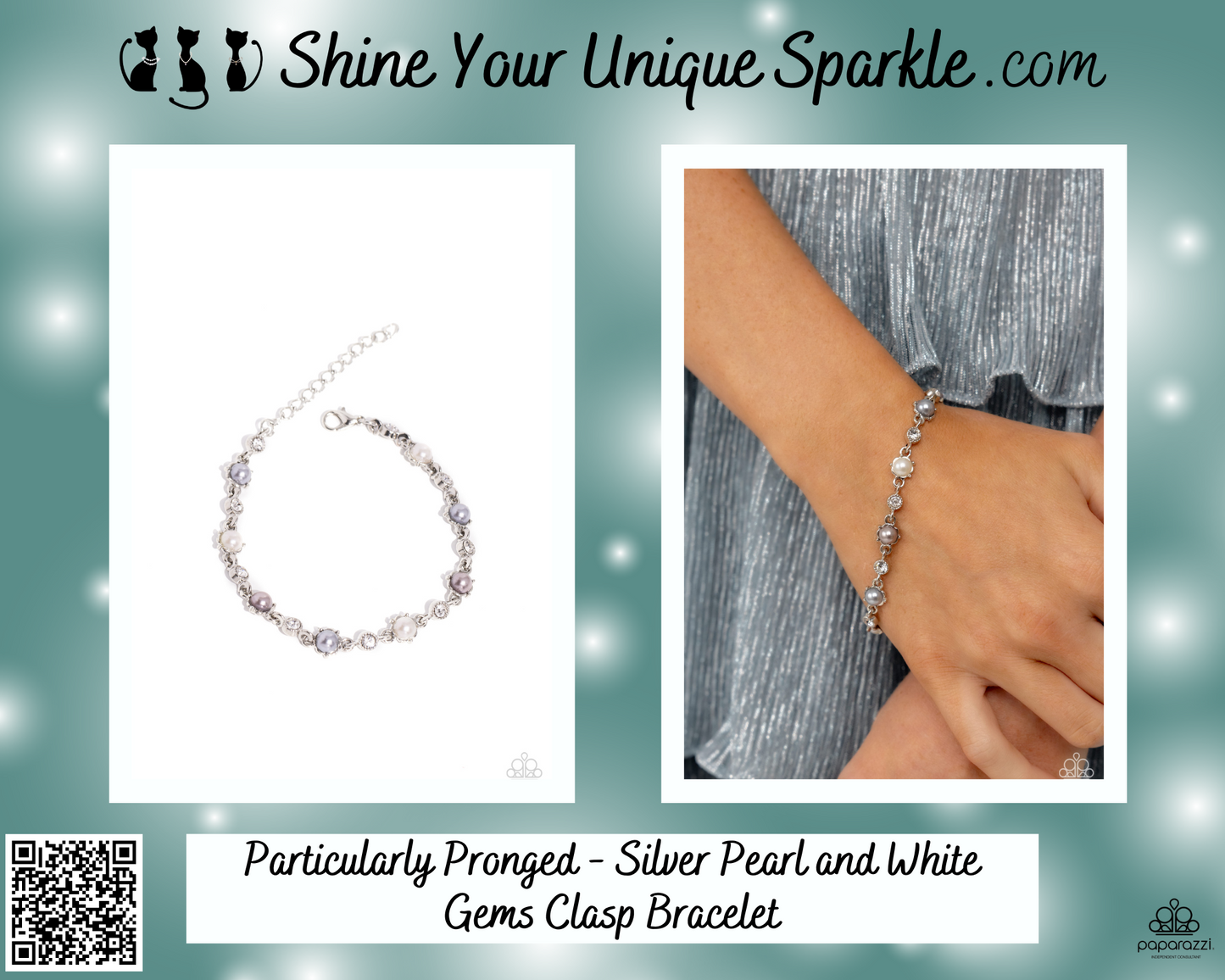 Particularly Pronged - Silver Pearl and White Gems Clasp Bracelet