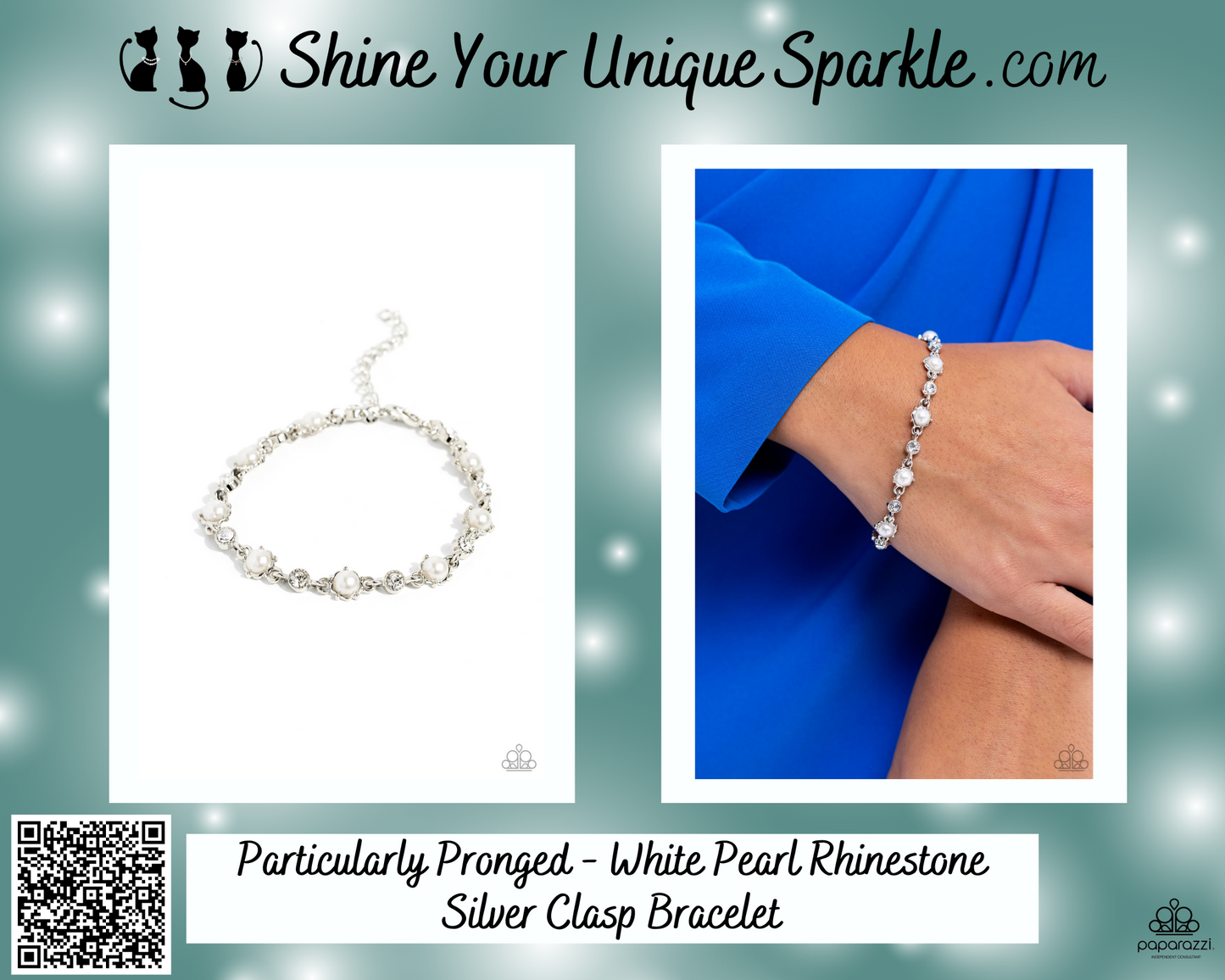 Particularly Pronged - White Pearl Rhinestone Silver Clasp Bracelet