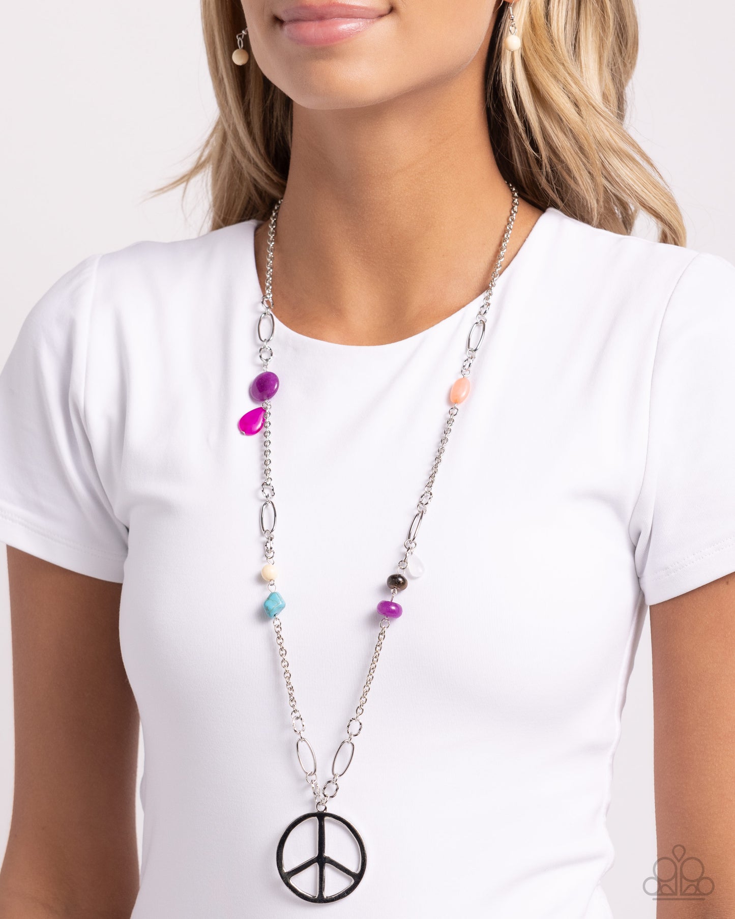 Peaceful Playtime - Purple Colorful Bead Silver Peace Sign Long Necklace