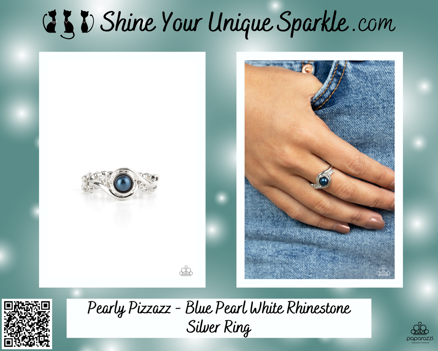 Pearly Pizzazz - Blue Pearl White Rhinestone Silver Ring